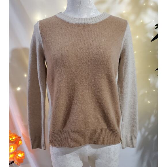 J. Crew Womens Double Zip 100% Wool Neutral Tan Colorblock Knit Sweater Size S - Picture 1 of 12